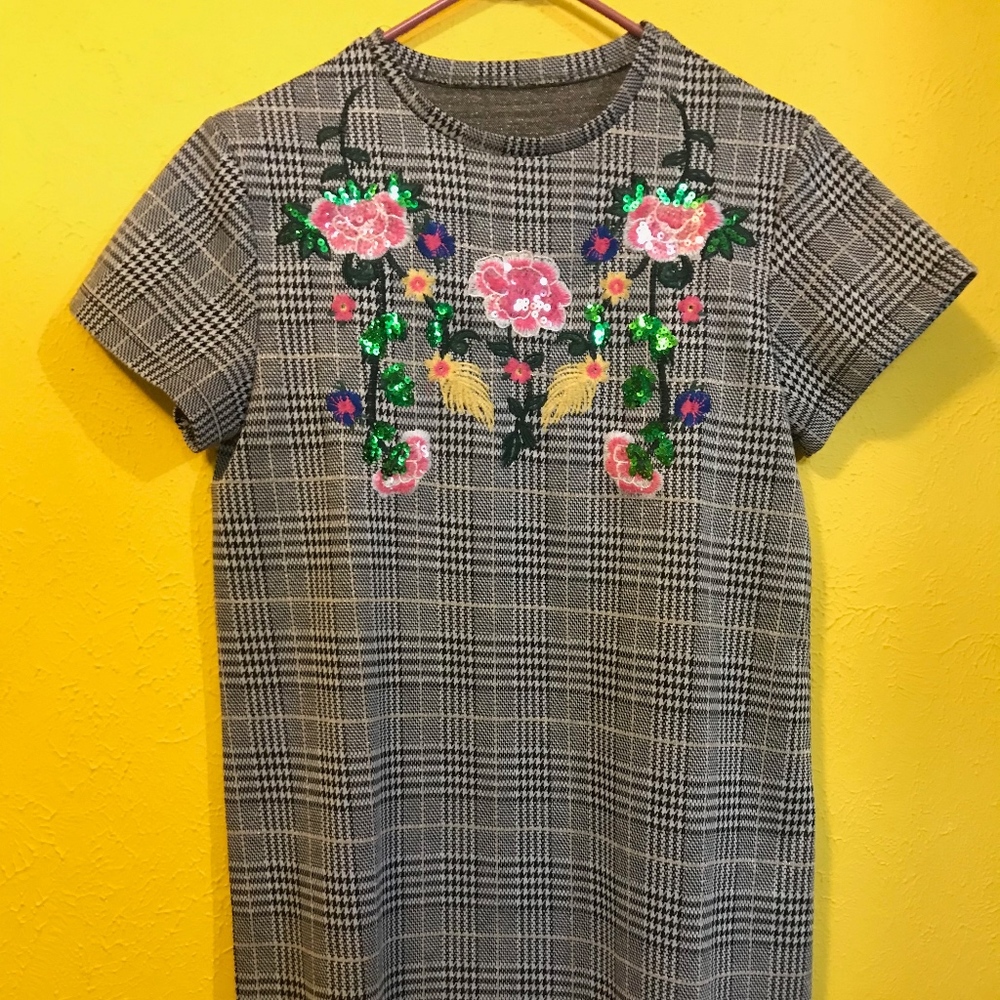 SHEIN plaid dress, floral sequin embroidery